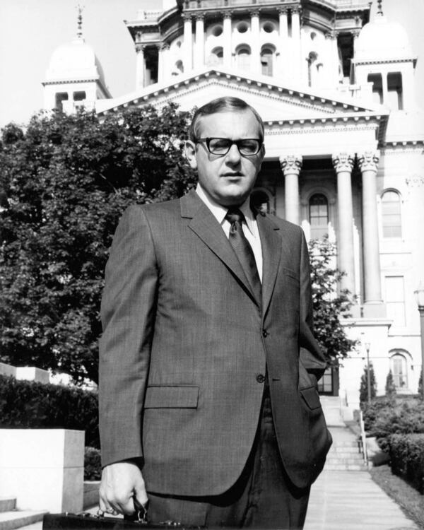 FILE - New Illinois state Rep. George Ryan stands in front of the state Capitol in Springfield, Ill., in 1973. (AP Photo/The (Kankakee) Daily Journal, File)