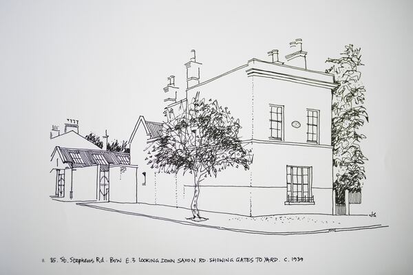 A drawing featuring St. Stephens Road, created by John Goldsmith, in Bow, in London, Thursday, April 24, 2025. (AP Photo/Kin Cheung)
