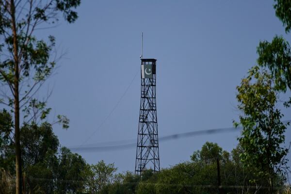 An empty Pakistani military post is seen from Indian side from Suchetgarh village after the two countries reported no incidents of firing overnight, Monday, May 12, 2025. (AP Photo/Channi Anand)