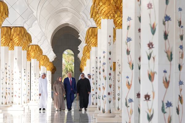 President Donald Trump and UAE President Mohammed bin Zayed Al Nahyan, right, tour the Sheikh Zayed Grand Mosque, Thursday, May 15, 2025, in Abu Dhabi, United Arab Emirates. (AP Photo/Alex Brandon)