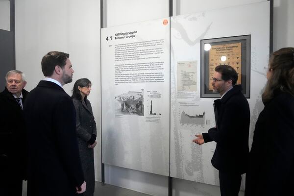 U.S. Vice President JD Vance and second lady Usha Vance visit the Dachau Concentration Camp Memorial Site outside Munich, Germany, Thursday, Feb. 13, 2025. (AP Photo/Matthias Schrader)