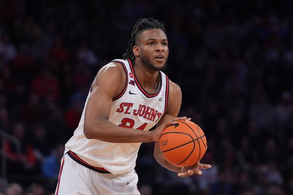 St. John's's Zuby Ejiofor (24) looks to pass during the first half of an NCAA college basketball game against Creighton in the championship of the Big East Conference tournament Saturday, March 15, 2025, in New York. (AP Photo/Frank Franklin II)