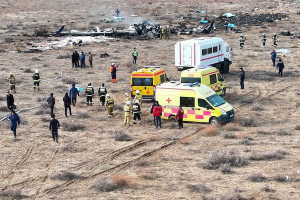 The wreckage of Azerbaijan Airlines Embraer 190 lays on the ground near the airport of Aktau, Kazakhstan, Wednesday, Dec. 25, 2024. (AP Photo)