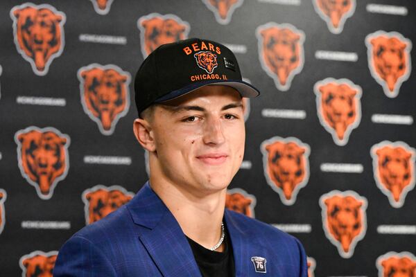 Tight end Colston Loveland, the Chicago Bears' first round draft pick, 10th overall, speaks during an NFL football press conference, Friday, April 25, 2025, in Lake Forest, Ill. (AP Photo/Matt Marton)