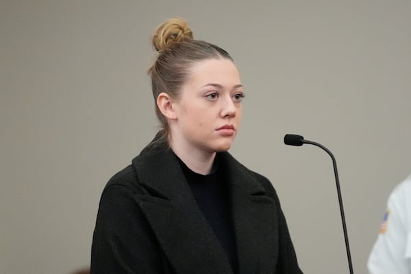 Kelsy Brainard appears district court after she and four other Massachusetts college students made their first appearance on conspiracy and kidnapping charges in Worcester, Mass, Thursday, Jan. 16, 2025. (AP Photo/Robert F. Bukaty)