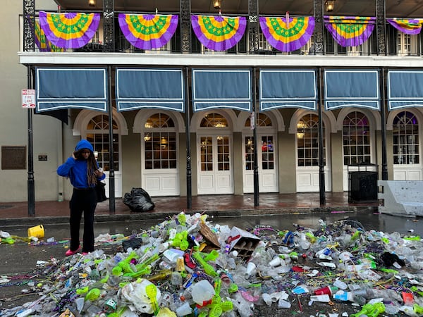 A pile of trash awaiting clean up in the French Quarter in New Orleans, Wednesday, March 5, 2025, the day after Mardi Gras. (AP Photo/Jack Brook)