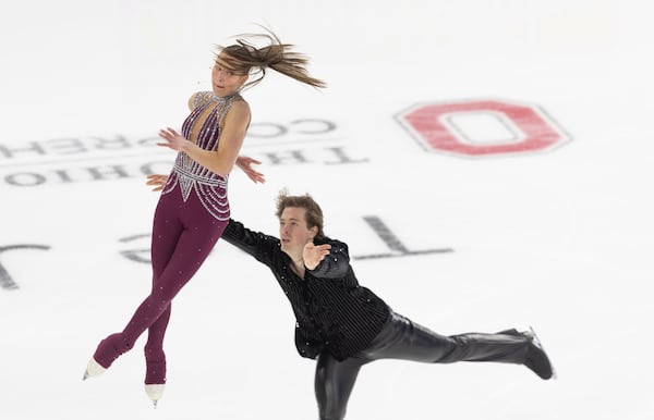 Isabelle Martins, left, and Ryan Bedard, right, perform during the pairs short program at the U.S. figure skating championships Thursday, Jan. 23, 2025, in Wichita, Kan. (AP Photo/Travis Heying)