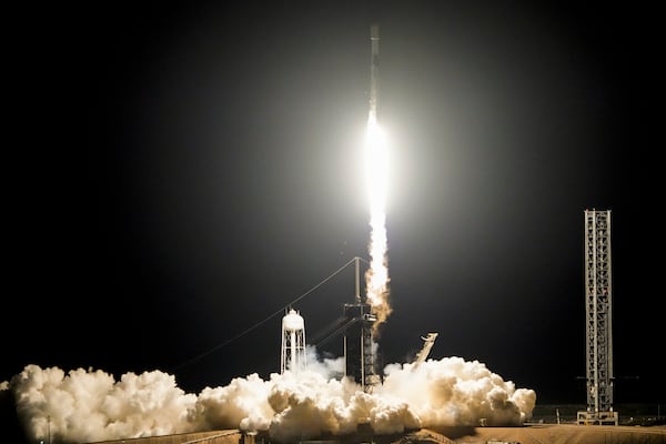 A SpaceX Falcon 9 rocket with Intuitive Machines' second lunar lander lifts off from pad 39A at the Kennedy Space Center in Cape Canaveral, Fla., Wednesday, Feb. 26, 2025. (AP Photo/John Raoux)