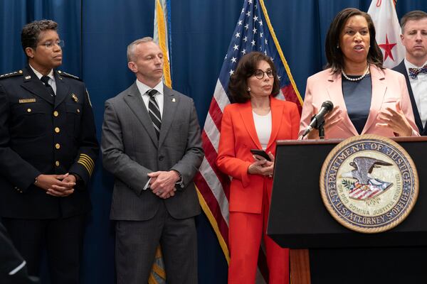 Mayor of the District of Columbia Muriel Bowser, right, accompanied by MPD Chief Pamela Smith, from left, FBI Assistant Director in Charge Steven J. Jensen and U.S. Attorney Jeanine Pirro, speaks during a news conference about two Israeli Embassy staffers shot at the Capital Jewish Museum in Washington, at the Attorney General's office for the District of Columbia in Washington, Thursday, May 22, 2025. (AP Photo/Jose Luis Magana)