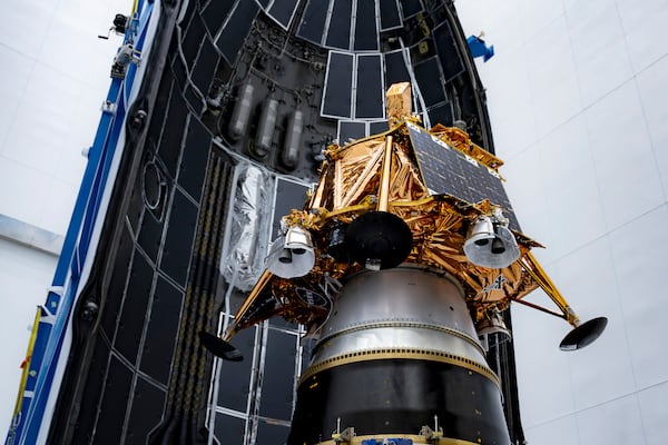 This photo provided by SpaceX in January 2025 shows the Firefly Aerospace Blue Ghost lunar lander being placed in a rocket fairing. (SpaceX via AP)