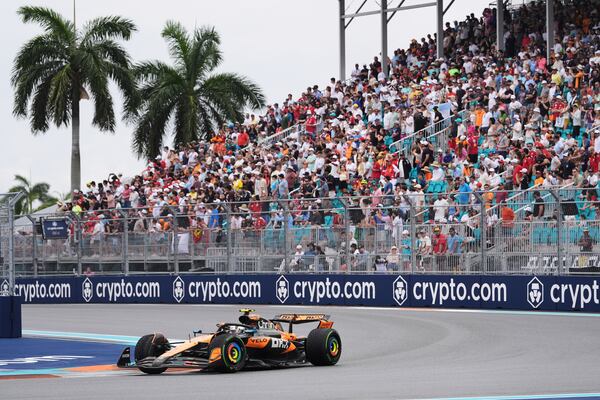 McLaren driver Lando Norris of Britain steers his car during the Sprint race at the Formula One Miami Grand Prix auto race, Saturday, May 3, 2025, in Miami Gardens, Fla. (AP Photo/Rebecca Blackwell)