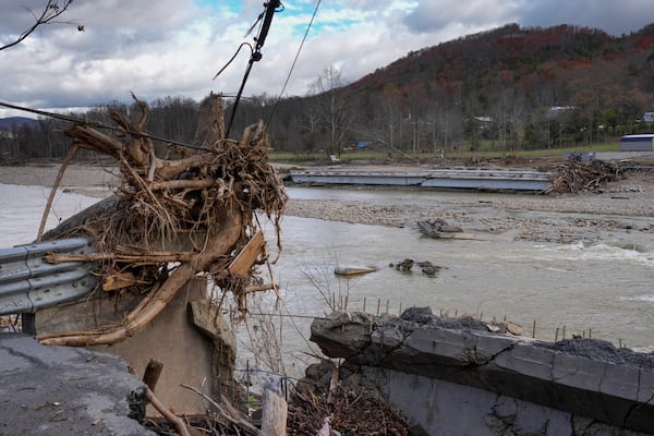 Flood debris from Hurricane Helene is seen on the banks of the Nolichucky River, Friday, Nov. 22, 2024, in Erwin, Tenn. (AP Photo/George Walker IV)