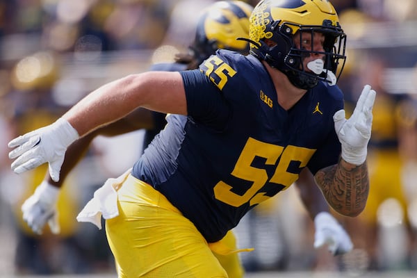 FILE - Michigan defensive lineman Mason Graham plays during an NCAA football game on Saturday, Sept. 14, 2024, in Ann Arbor, Mich. (AP Photo/Al Goldis)