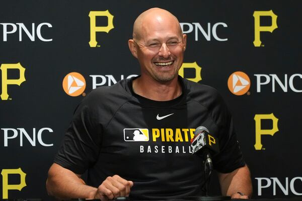 Don Kelly, the Pittsburgh Pirates new manager, talks with reporters before a baseball game against the Atlanta Braves in Pittsburgh, Friday, May 9, 2025. (AP Photo/Gene J. Puskar)