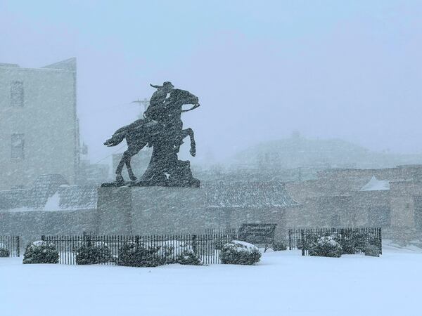 Snow falls in St. Joseph, Mo., Sunday, Jan. 5, 2025. (AP Photo/Nick Ingram)