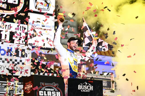 Chase Elliott celebrates in Victory Lane after winning a NASCAR Cup Series auto race at Bowman Gray Stadium, Sunday, Feb. 2, 2025, in Winston-Salem, N.C. (AP Photo/Matt Kelley)