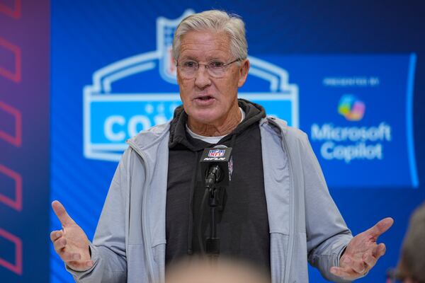 Las Vegas Raiders head coach Pete Carroll speaks during a press conference at the NFL football scouting combine in Indianapolis, Tuesday, Feb. 25, 2025. (AP Photo/Michael Conroy)