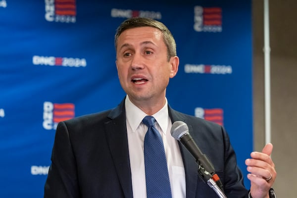 FILE - Ken Martin, president of the Association of State Democratic Committees, discusses the 2024 Democratic National Convention during a news conference, April 18, 2024. (Ashlee Rezin/Chicago Sun-Times via AP, File)