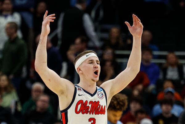 Mississippi guard Sean Pedulla reacts during a game against North Carolina in the first round of the NCAA college basketball tournament Friday, March 21, 2025, in Milwaukee. (AP Photo/Jeffrey Phelps)