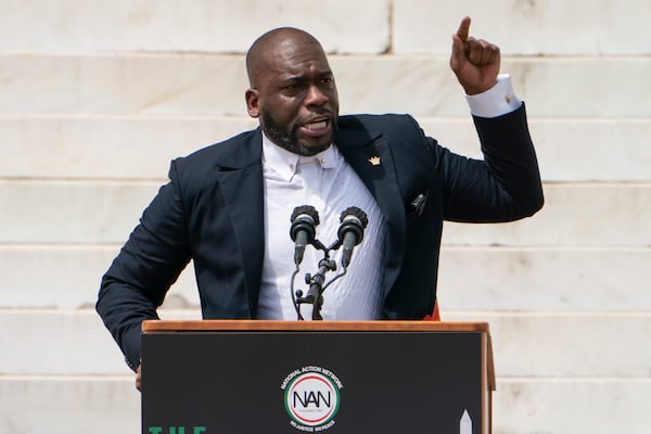 FILE - Jamal Bryant, senior pastor of New Birth Missionary Baptist Church, speaks during the March on Washington, Friday Aug. 28, 2020, at the Lincoln Memorial in Washington. (AP Photo/Jacquelyn Martin, Pool, File)