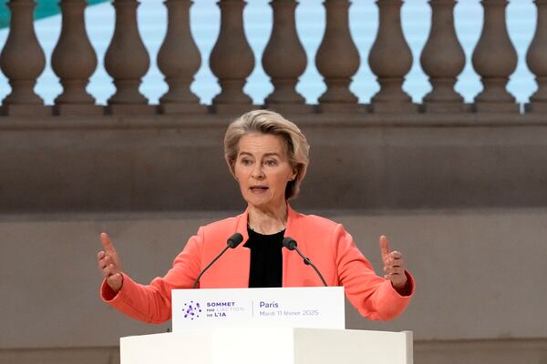 European Commission President Ursula von der Leyen addresses the audience at the Grand Palais during the Artificial Intelligence Action Summit in Paris, Tuesday, Feb. 11, 2025. (AP Photo/Michel Euler)