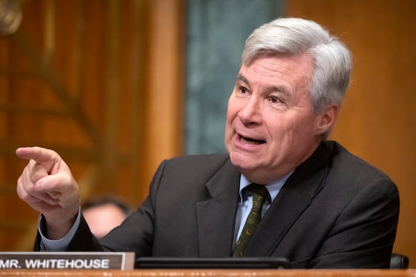 Sen. Sheldon Whitehouse, D-R.I., speaks during a hearing of the Senate Committee on Finance on Capitol Hill, Thursday, March 6, 2025, in Washington. (AP Photo/Mark Schiefelbein)