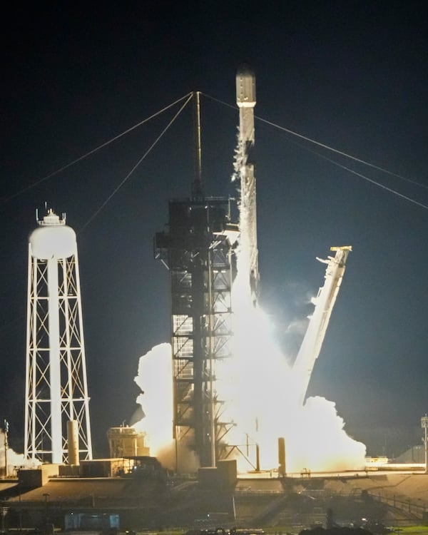 A SpaceX Falcon 9 rocket with Intuitive Machines' second lunar lander lifts off from pad 39A at the Kennedy Space Center in Cape Canaveral, Fla., Wednesday, Feb. 26, 2025. (AP Photo/John Raoux)