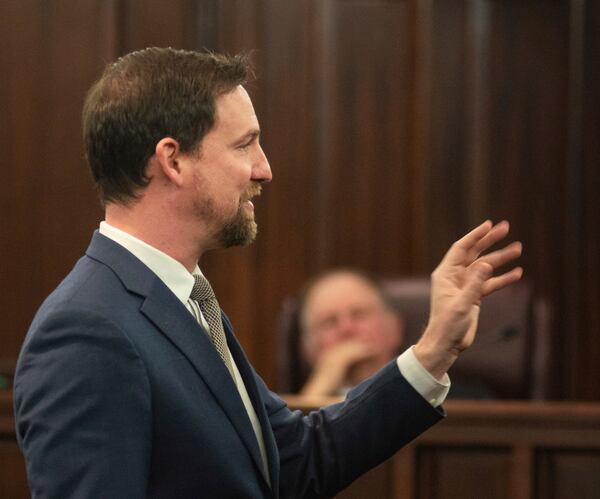 Prosecutor John Fowler makes his opening statement to the jury Tuesday, Jan. 28, 2025, in Brunswick, Ga., in the trial of former Brunswick Judicial Circuit District Attorney Jackie Johnson who is accused of obstruction of justice and violating her oath of office. (Terry Dickson/The Brunswick News via AP, Pool)