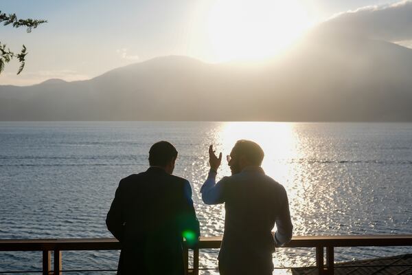 FILE - U.S. Secretary of State Marco Rubio, left, meets with President Nayib Bukele at his residence at Lake Coatepeque, El Salvador, Feb. 3, 2025. (AP Photo/Mark Schiefelbein, File)