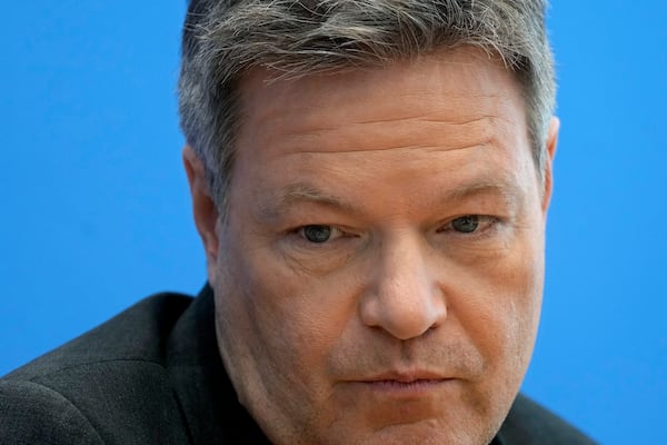 Robert Habeck, Vice Chancellor and member of the Greens, during a press conference in Berlin, Germany, Monday, Feb. 24, 2025, the day after the national election. (AP Photo/Michael Prost)