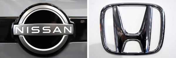 FILE - This combination of photos shows the logo of Nissan, left, and Honda, right, seen at the Pittsburgh International Auto Show in Pittsburgh, Feb. 15, 2024. (AP Photo/Gene J. Puskar, File)