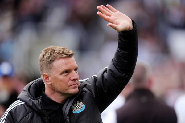 Newcastle United manager Eddie Howe gestures before the English Premier League soccer match between Newcastle United and Everton at St. James' Park, Newcastle, England, Sunday, May 25, 2025. (Owen Humphreys/PA via AP)