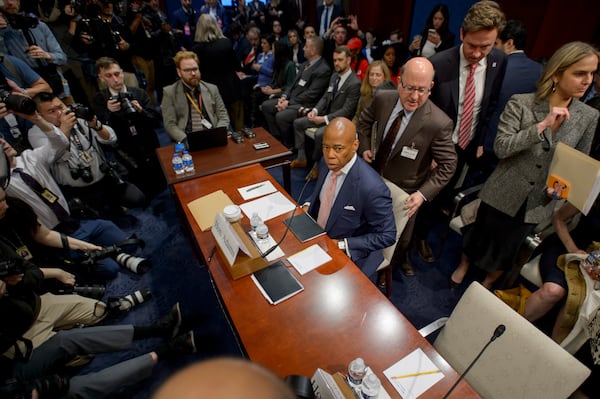 New York City Mayor Eric Adams takes his seat at the witness table during a House Committee on Oversight and Government Reform hearing with Sanctuary City Mayors on Capitol Hill, Wednesday, March 5, 2025, in Washington. (AP Photo/Rod Lamkey, Jr.)