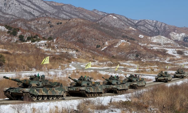 South Korea army's K1A2 tanks move during the joint military drill between South Korea and the United States at Seungjin Fire Training Field in Pocheon, South Korea, Thursday, March 6, 2025. (Yonhap via AP)