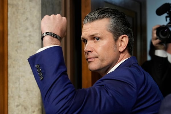 Pete Hegseth, President-elect Donald Trump's choice to be Defense secretary, at the completion of his confirmation hearing before the Senate Armed Services Committee, at the Capitol in Washington, Tuesday, Jan. 14, 2025. (AP Photo/Ben Curtis)