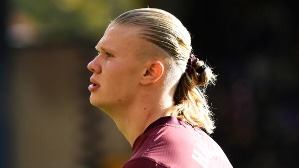 FILE -Manchester City's Erling Haaland during the English Premier League soccer match between Wolverhampton Wanderers and Manchester City at Molineux stadium in Wolverhampton, England, Oct. 20, 2024. (AP Photo/Rui Vieira, File)