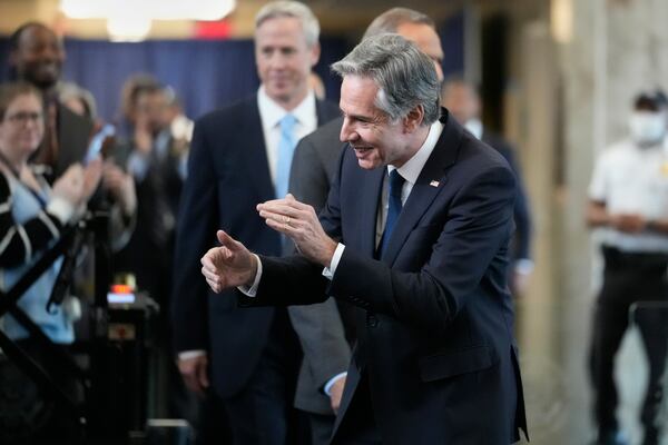 Secretary of State Antony Blinken bids farewell to diplomats and staff at the State Department in Washington, Friday, Jan. 17, 2025. (AP Photo/J. Scott Applewhite)