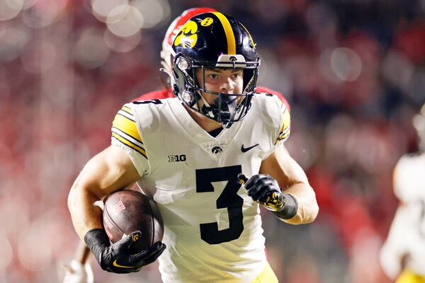 FILE - Iowa defensive back Cooper DeJean (3) in action against Rutgers during an NCAA college football game, Sept. 24, 2022, in Piscataway, N.J. (AP Photo/Adam Hunger, File)