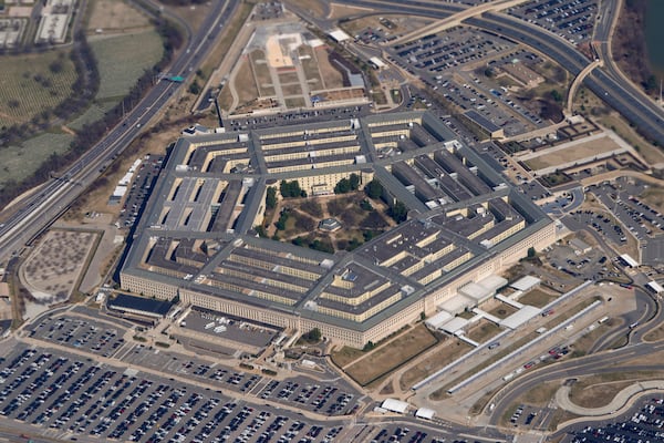 FILE - The Pentagon is seen from Air Force One as it flies over Washington, March 2, 2022. (AP Photo/Patrick Semansky, File)