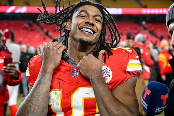 Kansas City Chiefs running back Isiah Pacheco celebrates after the AFC Championship NFL football game against the Buffalo Bills, Sunday, Jan. 26, 2025, in Kansas City, Mo. (AP Photo/Reed Hoffmann)