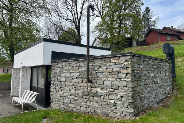 The above-ground entrance to a public shelter, which can fit around 450 people in case of crisis or war, is seen in Kongsberg, Norway Thursday, May 8, 2025. (AP Photo/Emma Burrows)