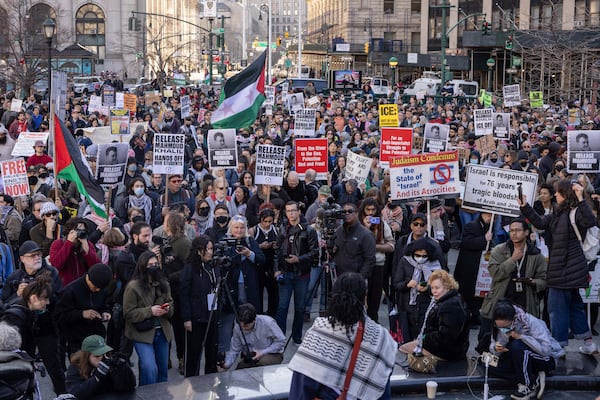 Protesters gather for a demonstration in support of Palestinian activist Mahmoud Khalil, Monday, March 10, 2025, in New York. (AP Photo/Yuki Iwamura)