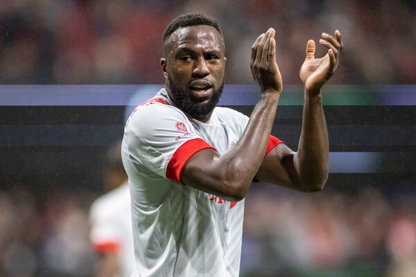 FILE FILE - Toronto FC forward Jozy Altidore reacts during an MLS soccer match, Oct. 30, 2021, in Atlanta. (AP Photo/Vasha Hunt, File)