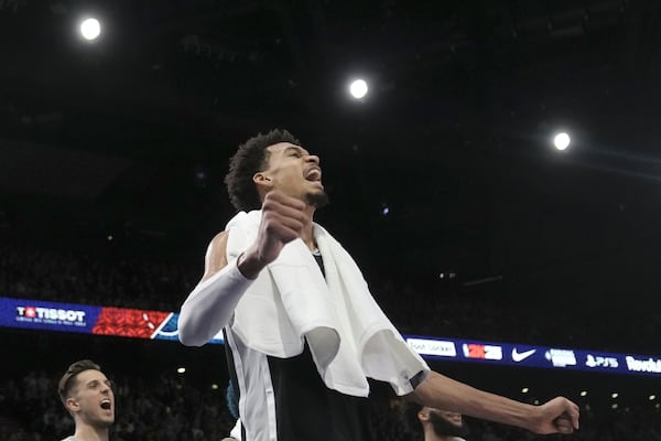 San Antonio Spurs center Victor Wembanyama celebrates during the second half of a Paris Games 2025 NBA basketball game against the Indiana Pacers in Paris, Thursday, Jan. 23, 2025. (AP Photo/Thibault Camus)