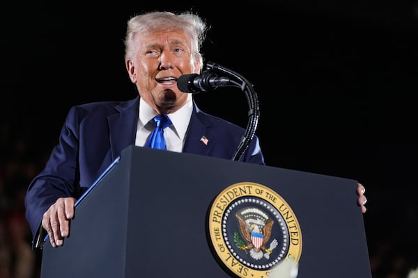 President Donald Trump gives a commencement address at the University of Alabama, Thursday, May 1, 2025, in Tuscaloosa, Ala. (AP Photo/Manuel Balce Ceneta)