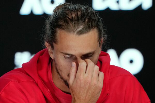 Alexander Zverev of Germany attends a press conference after his loss to Jannik Sinner of Italy following the men's singles final at the Australian Open tennis championship in Melbourne, Australia, Sunday, Jan. 26, 2025. (AP Photo/Vincent Thian)