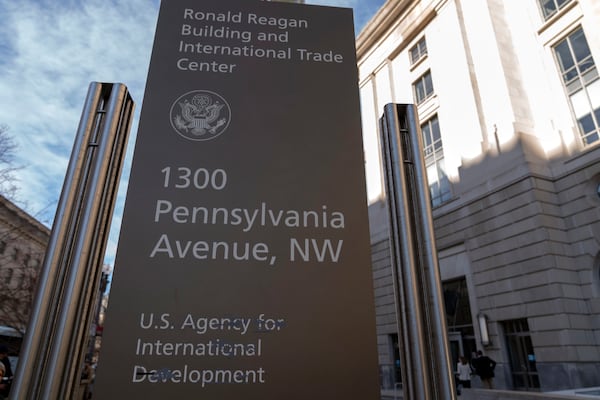 The U.S. Agency for International Development sign is seen outside of USAID headquarters in Washington, Friday, Feb. 7, 2025. (AP Photo/Jose Luis Magana)