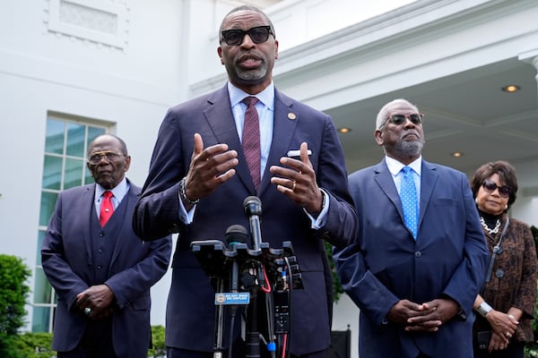 FILE - NAACP President Derrick Johnson speaks to reporters outside the White House in Washington, May 16, 2024, after meeting with President Joe Biden to mark the 50th anniversary of the historic Supreme Court decision on Brown v. Board of Education. (AP Photo/Susan Walsh, File)