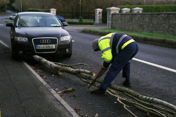 A man attends to a fallen tree on Malahide Road in Dublin, Ireland as the entire island braces for the arrival of Storm Eowyn, Friday, Jan.24, 2025. (Brian Lawless/PA via AP)