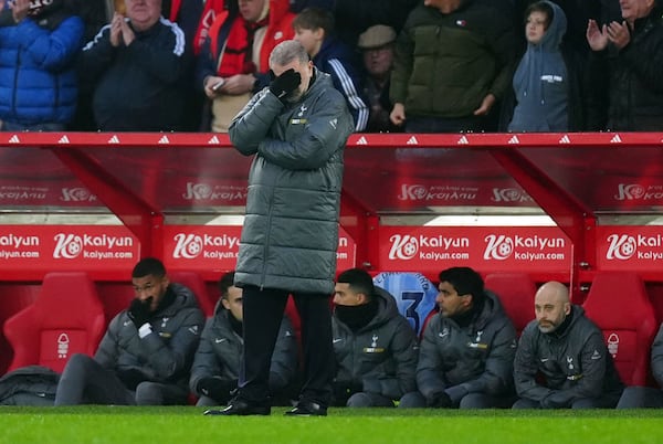 Tottenham Hotspur manager Ange Postecoglou reacts during the English Premier League soccer match between Nottingham Forest and Tottenham Hotspur at the City Ground stadium in Nottingham, England, Thursday, Dec. 26, 2024. (Mike Egerton/PA via AP)